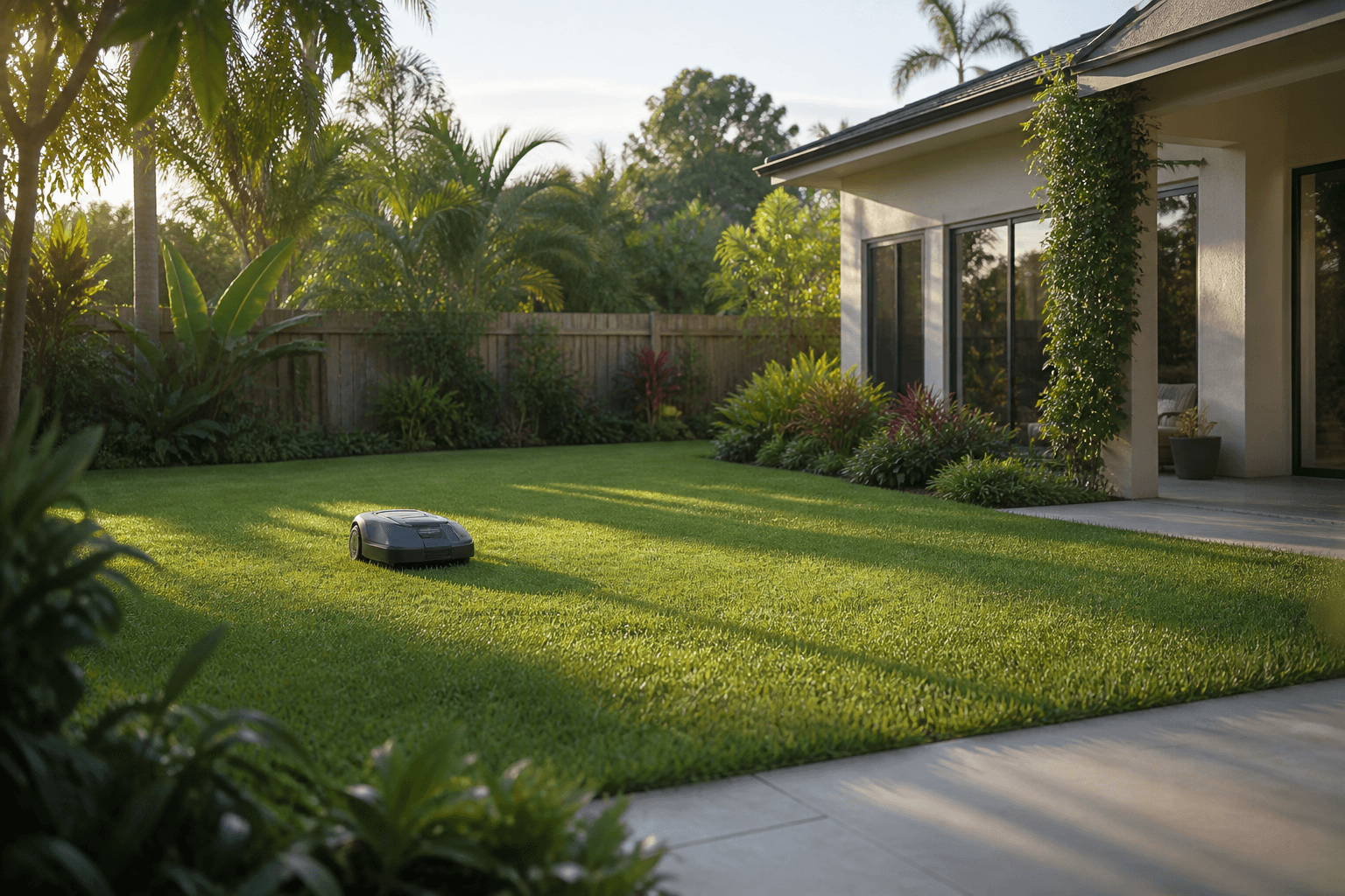 A robotic mower quietly cutting a South Florida backyard
